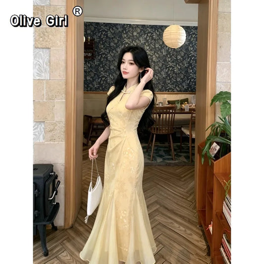 Olive Girl Yellow Dramatic Qipao for Ren Faire 2026 Garden Wedding Fairycore Photoshoot Everyday Wear S-XXL XS-3XL Plus Size Dramatic Silhouette Romantic Garden Party Editorial Not Costume Qipao Cheongsam Chinese Dress Chinese Heritage Fashion Women