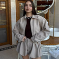 Women's 2 Piece Fashion Lapel Zip Jacket Pleated Shorts Suit Vintage Streetwear New Party  Autumn Female Short Sets