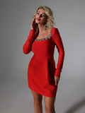 Elegant Mini Square Collar Diamond Evening Dress Short A-Line Long Sleeves White Pocket Princess Prom Gowns 2024 New