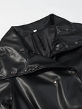 Black Slimming Leather Jacket for Women Lapel Long Sleeve Patchwork Double Breasted Fashionable Coat Female Autumn