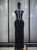 Red Black Women Sexy Halter Off the Shoulder Sparkly Crystal Velvet Bodycon Gowns Dress Celebrate Evening Party Red Carpet Wear