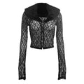Patchwork Fur Collar Lace t-Shirt Women See Through Single-Breasted Full Sleeve v-Neck Skinny Sexy Midnight Crop Tops