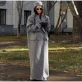Grey Double-Breasted Long Coat with Notched Lapels