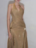 Solid Evening Spliced Folds Dress for Women Halter Sleeveless High Waist Pachwork See Through Backless Maxi Dresses Female