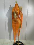 Women Sparkly Diamond Orange Tassel Latin Dance Outfits Long Sleeves Mesh Transparent Dress Bar Nightclub Party Club Stage Wear