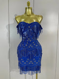 Women Blue Off The Shoulder Shiny Sequined Tassel Bodycon Mini Dress Eveing Celebrity Party Prom Birthday Club Dress Vestidos