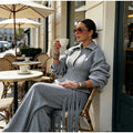 Grey Long Sleeve 2 Piece Outfit Chic Lapel Zip Slim Top Long Fringe Wide Leg Pants 2026 Autumn Women Casual Lady Matching Set