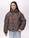 Women Leopard Print Puffer Jacket Stand Collar Zip‑Up Drawstring Hem Loose Short Warm Winter Padded Side Pockets Coat Outerwear