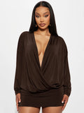 Sexy Ruched Dress Women Deep V-Neck Elegant Peach Hip Full Sleeve Spring Fashion Party Clubwear Skinny Mini Bodycon
