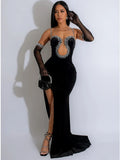 Luxury Woman Evening Dress Sparkle Heartbeat Velvet Diamonds Maxi Dress Gown Celebrities Outfits With Rhinestones Glove
