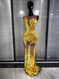 Sparkly Golden Sequiend Women Sleeveless Sexy O-Neck Mesh Bodycon Gowns Dress Elegant Evening Party Celebrity Red Carpet Dress
