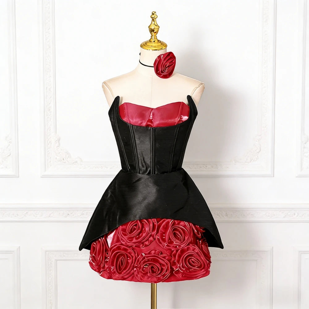 Sexy Party Spliced 3D Rose Dress for Women Strapless Sleeveless High Waist Hit Color Tutu Dresses with Necklace Female New