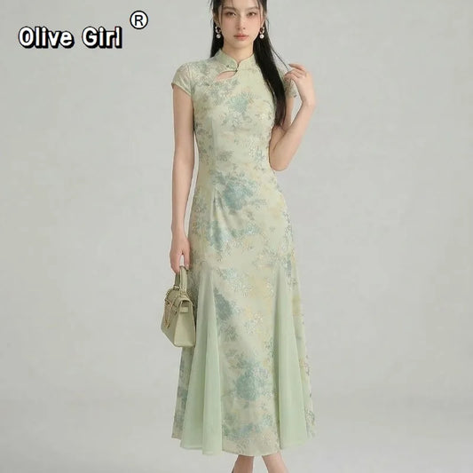 Olive Girl Dramatic Qipao for Ren Faire 2026 Garden Wedding Fairycore Photoshoot S-XXL XS-3XL Plus Size Dramatic Silhouette Romantic Editorial Not Costume Ren Faire Dress Qipao Cheongsam Chinese Dress Chinese Heritage Fashion Women