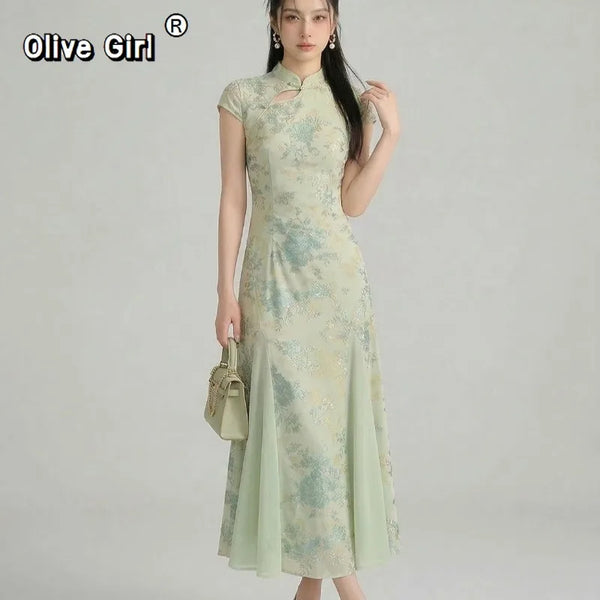 Olive Girl Dramatic Qipao for Ren Faire 2026 Garden Wedding Fairycore Photoshoot S-XXL XS-3XL Plus Size Dramatic Silhouette Romantic Editorial Not Costume Ren Faire Dress Qipao Cheongsam Chinese Dress Chinese Heritage Fashion Women
