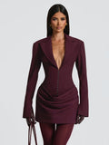 Elegant Office Dress Women Sexy Single-Breasted Hidden Buttons V-Neck Full Sleeve Folds Fashion Commute Bodycon