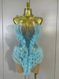 Women Sky Blue Sexy Strapless Mesh Ruffled See Through Mini Dress Luxury Rhinestone Birthday Evening Party Nightclub Stage Wear