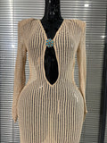 Summer Vacation Women Long Sleeve Sexy Deep V-Neck Hollow Out Bodycon Long Dress Beach Style Celebrate Birthday Party Outfit