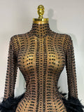 Women Luxury Birthday Dress Rhinestones Mesh Feathers Bodycon Mini Celebrity Evening Club Party Dress Nightclub Stage Outfit