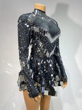 Luxury Sequins Long Sleeve Mini Dress Women Sexy Spandex Performance Dance Costume Party Celebrate Night Club Stage Outfit