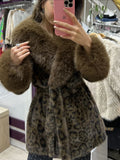 Leopard Print Faux Fur Jacket Womens Long Sleeve Fur Collar Cuff Pockets Coat Autumn Party Winter Streetwear Trendy Outerwear