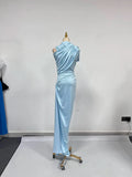 Patchwork Shawl Bodycon Party Maxi Dresses for Women O Neck Short Sleeve High Waist Evening Temperament Folds Dress Female