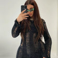 Sexy Sheer Knitted Dress Women Bodycon Long Sleeve Hollow Out Mini Dresses Femme Club Sexy Backless Knitwear Dress Womens