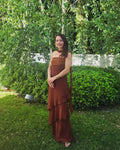 Brown Glitter Chiffon Tiered Maxi Dress Elegant One Shoulder Square Neck Flowy dresses 2026 Summer Formal Wedding  Party gowns