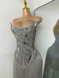 Luxury Women Diamonds Tassels Sexy Sleeveless Elegant Solid Color Maxi Evening Party Dress Celebrity Birthday Dress Prom Gowns