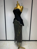 High Quality Black Design Sleeveless Rhinestone Top Hot Diamond Skirt Suit Evening Party Dress Nightclub Luxury Birthday Gown