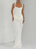 Sexy White Satin Maxi Dresses for Women Square Collar Sleeveless Tunic Fishtail Classic Dinner Dress Female Fashion