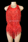 Sleeveless Diamond Tassel Sequin Dress Women Latin Dance Outfit Stage Performance Costume Birthday Party Gown Abiti Da Cerimonia