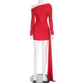 Sexy Christmas Dress Women Ruched Elegant Ribbon Irregular Full Sleeve Evening Skew Collar Skinny Peach Hip Bodycon