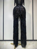 Women Sparkly Glod Rhinestones Sequined Fringe Jumpsuit Sexy Nightclub Party Birthday Outfit Show Singer Stage Perform Costume