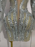 Sparkly Rhinestones Sexy Mesh Transparent Mini Dress Eveing Birthday Party Dance Nightclub Fashion Show Stage Costumes