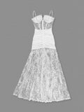 Sexy Spaghetti Strap Beaded Tassel Lace Long Dress Women White Sleeveless Bodycon Dresses Elegant Evening Dinner Gowns