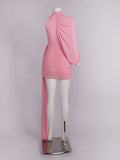 Pink Turtleneck Sleeveless Sexy Mini Dress For Women Fashion Irregular Folds Short Dress Femme Elegant Club Party Dress
