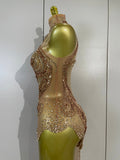 Luxury Sparkly Diamond Sequins Asymmetric Bodycon Mini Dress Women Sexy Mesh See Through Bar Nightclub Party Show Stage Costume