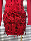 Handmake Women Long Sleeve Golden Beading Deep V-Neck Bodycon Mini Dress Celebrate Birthday Photo Shoot Performance Costume