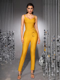 Khaki Ginger Women's V-neck Bodycon Sexy Sleeveless Rayon Bandage Jumpsuit Night Club Party Jumpsuits