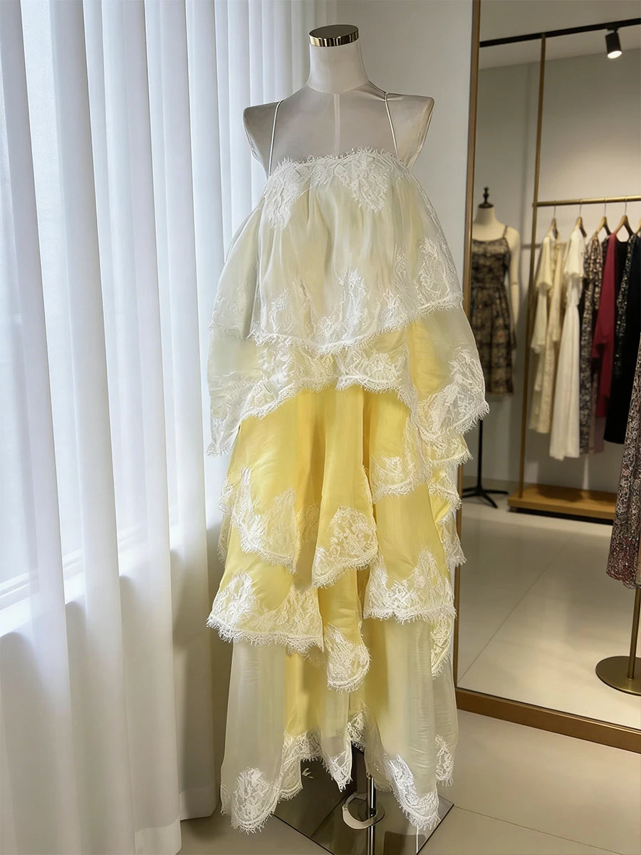 Gradient Color Runway Spaghetti Strap Maxi Dress for Women Strapless Spliced Ruffles Sweet Lace Edge Cake Dresses Female New