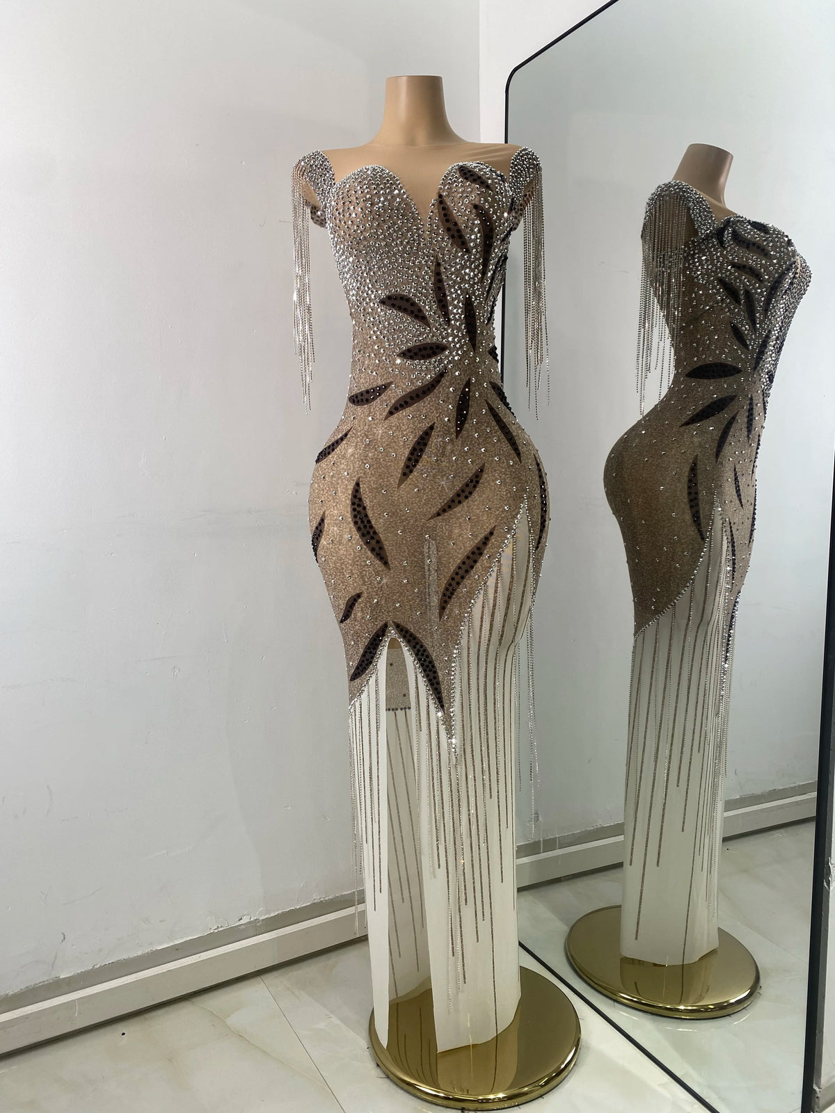 Sparkly Rhinestones Fringes Mesh See Through Maxi Dress Women Elegant Gowns Stage Night Club Celebrate Performance Costume