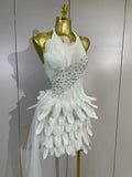 Luxury Rhinestone Sexy Halter Feather White Mini Dress Celebrate Evening Party Birthday Dress Stage Performance Dance Costume