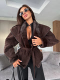 Women Brown Faux Fur Trim Suede Jacket Tie Belt Lapel Collar Long Sleeve Casual Chic Fall Winter Lady Commute Warm Outerwear New