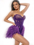 Sparkly Purple Diamonds Mesh Ruffled See Through Mini Dress Women Sexy Strapless Birthday Evening Party Nightclub Stage Costume