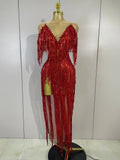 Sexy Sparkly Red Diamonds Tassel Mesh See Through Long Dress Women Eveing Birthday Party Nightclub Singer Stage PhotoShoot Wear