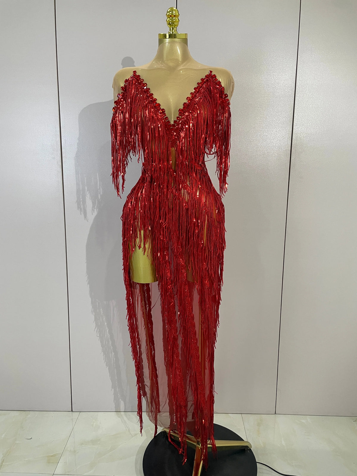Sexy Sparkly Red Diamonds Tassel Mesh See Through Long Dress Women Eveing Birthday Party Nightclub Singer Stage PhotoShoot Wear