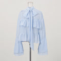 Solid Spliced Ruffles Slimming Blouses for Women O Neck Long Sleeve High Waist Shirts Female Fashion