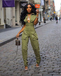 Sexy Deep V-neck Party Woman Jumpsuits Zipper Pocket Turn Down Collar Skinny Night Club Outfits One Piece Jumpsuit