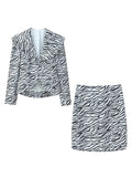 Zebra Stripe Print Two Piece Set for Women Lapel Long Sleeve Spliced Zipper Short Coat Mid Waist Knee Skirt Female