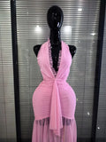 Pink Color Women Sexy Halter Off the Shoulder Draped Bodycon Long Maxi Dress Birthday Party Summer Vacation Celebrate Clothing